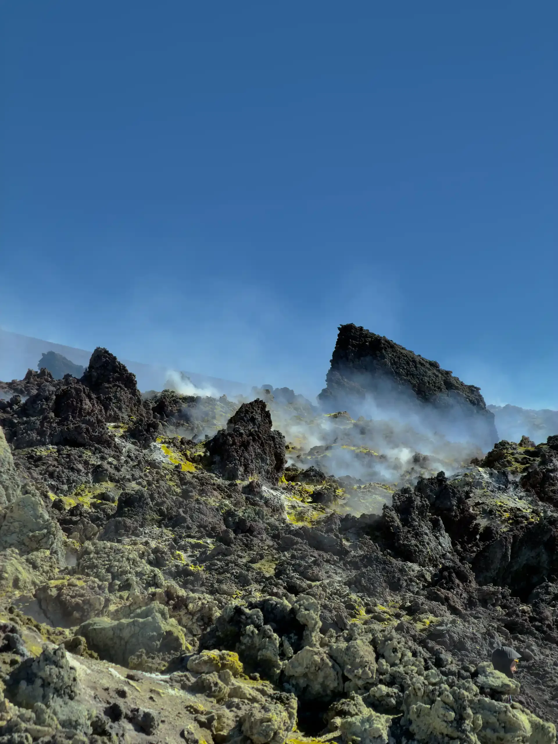 Etna topkraters excursie - Met zwavel bedekte rotsen en fumarolen in het topgebied